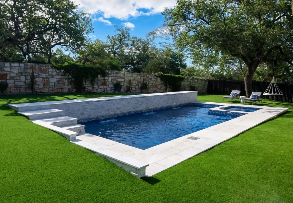The Leisure Pools Ultimate 30 Fiberglass Pool and Spa in Sapphire Blue